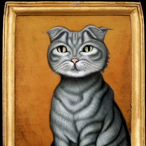 Image similar to a renaissance style portrait painting of a grey scottish fold cat, wearing a crown and cape, dark background