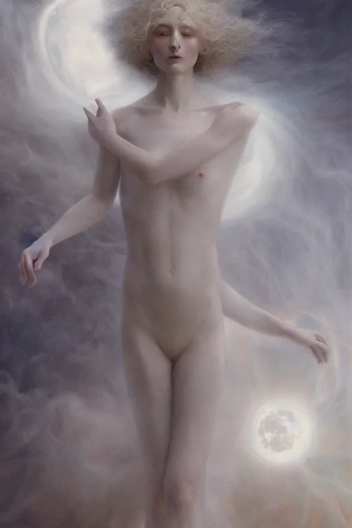 Image similar to Intricate stunning highly detailed pale skinned ethereal being by agostino arrivabene and Vladimir Kush, surreal, digital painting, ultra realistic, Horror vacui, dramatic lighting, full moon, thick black swirling smoke tornado, burning fire embers, artstation