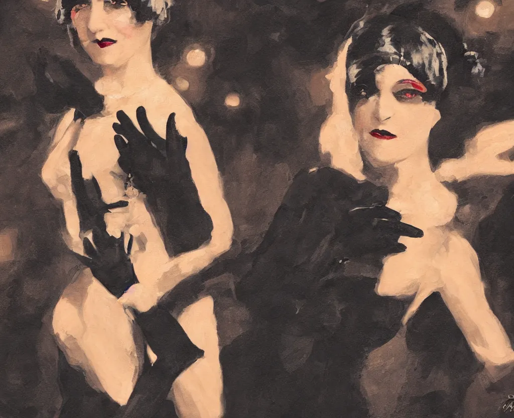 Prompt: realistic painting of a 1 9 2 0 s short - haired flapper woman in black satin gloves dancing in the center of a dancefloor in a dimly lit speakeasy, jazz age, precise, wide lens photography, closeup shot, cohesive, cinematic, low - lighting