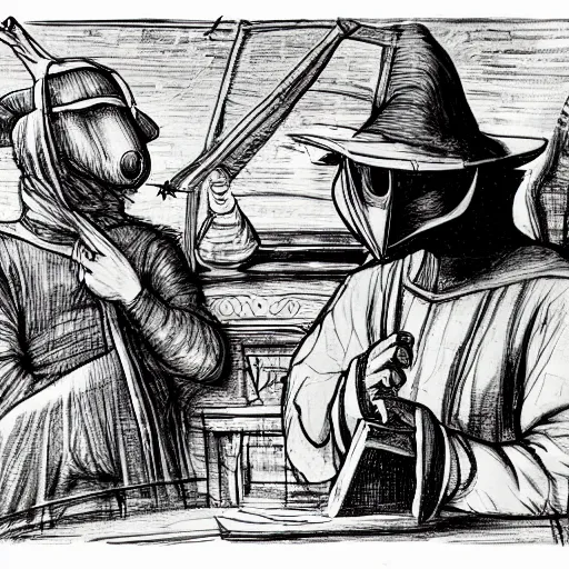 Image similar to leonardo davinci and a plague doctor hosting a podcast, intricate, highly detailed, comic book style, 4 k, concept art, table with microphones