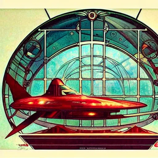 Image similar to ( ( ( ( ( 1 9 5 0 s retro future intricate machine spaceship large window. muted colors. art nouveau ) ) ) ) ) by jean baptiste monge!!!!!!!!!!!!!!!!!!!!!!!!! chrome red