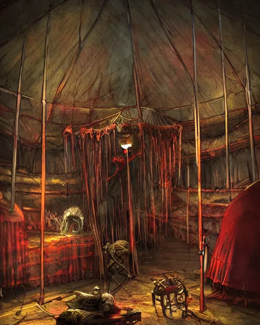 Prompt: the little circus of horrors, circus tent outside, creepy, hyper realistic, ambient lighting, horror art, hyper detailed, smooth