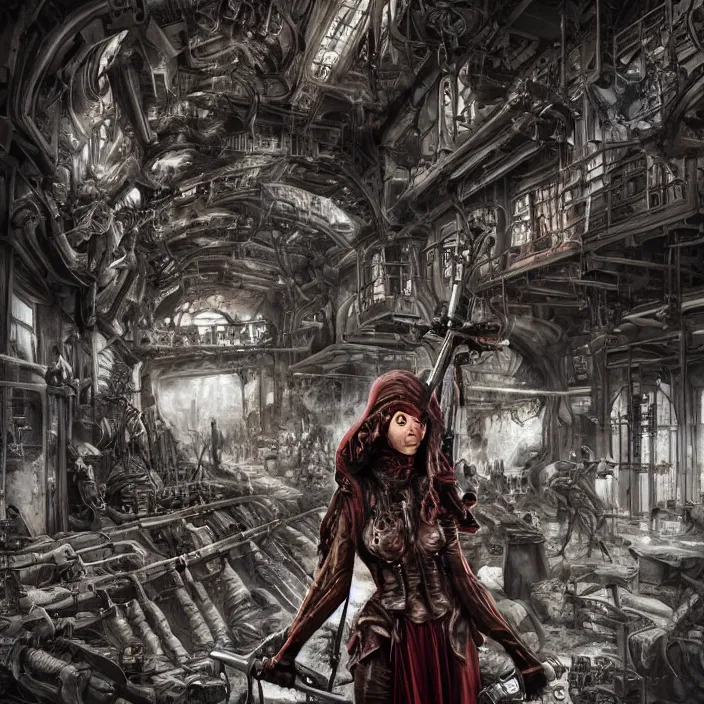 Image similar to apocalyptic woman in hood standing in hall of machinery and weaponry, hyper - detailed, smooth, sharp focus, 4 k ultra hd, fantasy dark art