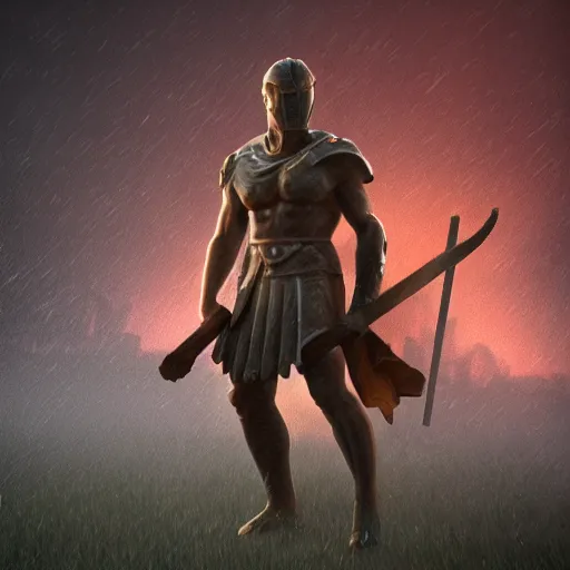 Prompt: one spartan standing in the rain and 100 spears are flying into his direction, award winning, trending on artstation, unreal engine