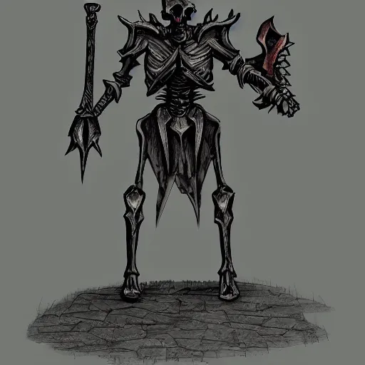 Prompt: Powerful knight, with demonic sword, standing in front of skeleton army, style from Skyrim