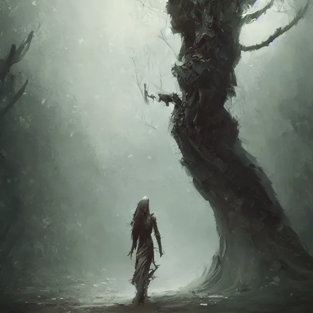 Prompt: a painting of a walking tree by greg rutkowski, dark fantasy art, high detail, trending on artstation