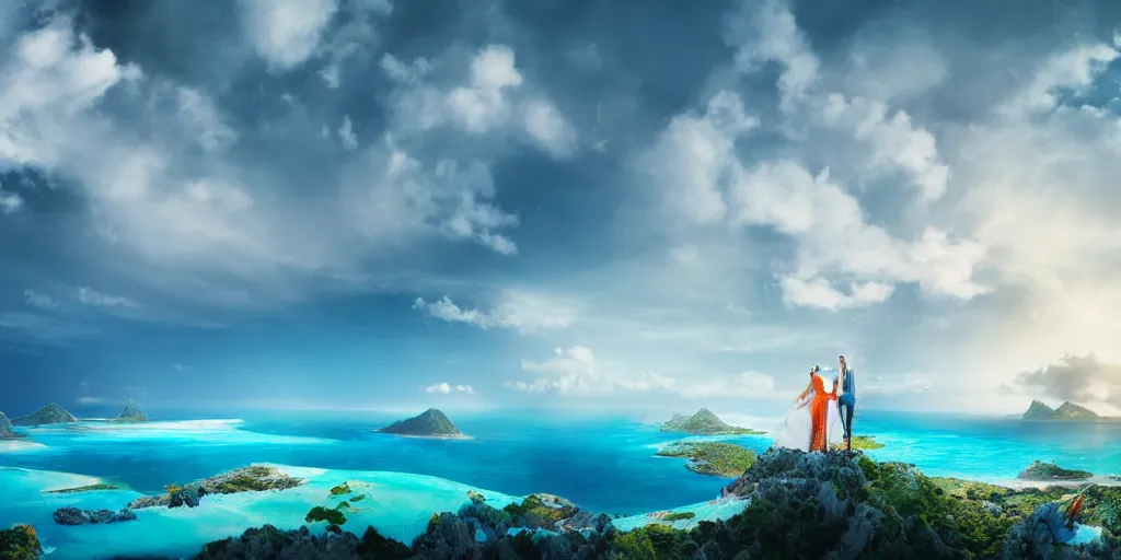 Prompt: a beautiful couple holding their hands on a cloud high above emerald lagoon of Sint-Marteen with a speaker with visible music coming from, mattepainting concept Blizzard, teal and orange tone, beautiful and breathtaking