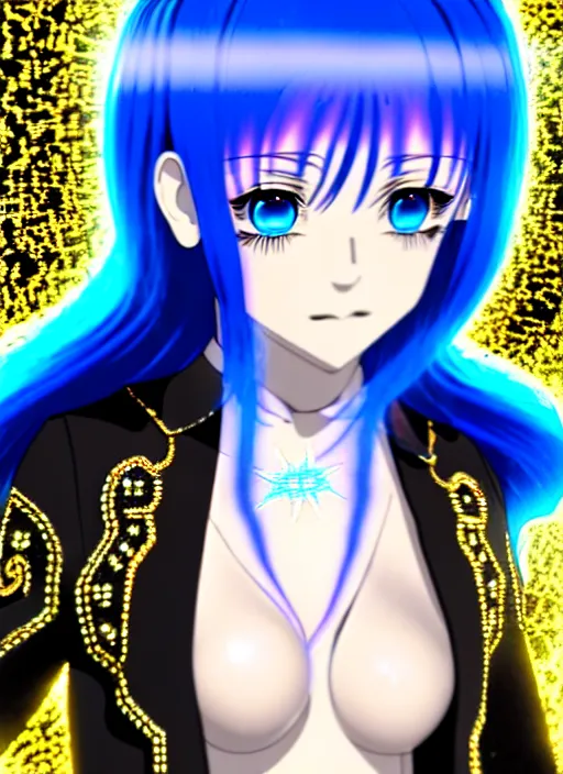 Image similar to a hologram of rimuru tempest, sky blue hair, golden eyes, wearing a black stylish jacket, pixiv 3 d render, holography, irridescent, covered by baroque bedazzled ornamental frames