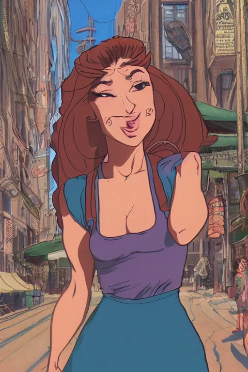 Image similar to portrait of an attractive young female protagonist, center focus, ponytail, skirt, tank - top, in city street, detailed face, artwork by ralph bakshi