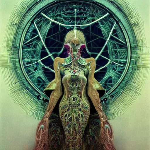 Prompt: cyberpunk art nouveau high priestess by alexander mcqueen, zdzisław beksinski and alphonse mucha. highly detailed, hyper - real, very beautiful, intricate fractal details, very complex, opulent, epic, mysterious, trending on deviantart and artstation