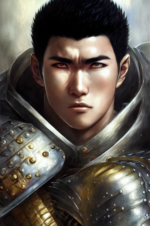 Prompt: A realistic anime portrait of Guts in the berserk armor, berserk, digital painting, by Stanley Artgerm Lau, Sakimichan, WLOP and Rossdraws, digital painting, painterly, Pixiv, Deviantart, golden ratio, rule of thirds, good composition, HD, 8k, award winning, promo art, splash art, rpg, jrpg, dungeons and dragons, DND, trending on ArtStation