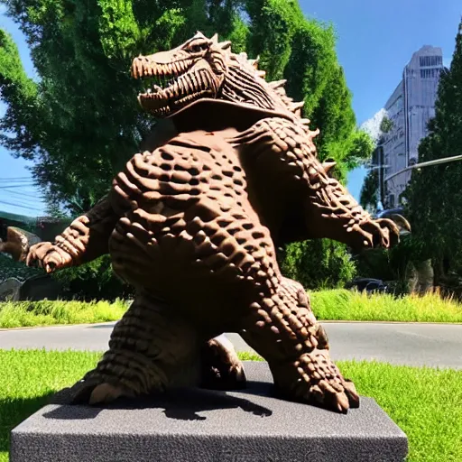 Image similar to high quality 3 d printed statue of godzilla stomping on cars