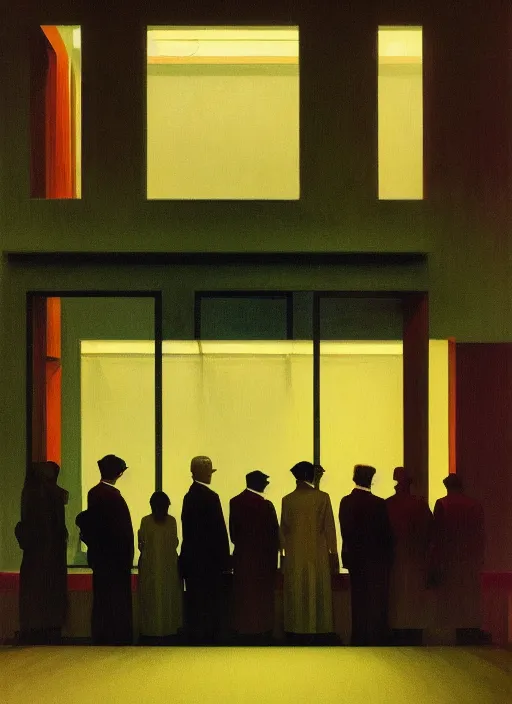 Image similar to crowd in line at art deco hospital painting by Edward Hopper and James Gilleard, Zdzislaw Beksinski highly detailed