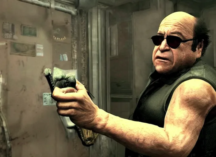 Prompt: video game still of danny devito in the video game resident evil 2,