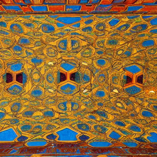 Image similar to brightly coloured patterns on its ceilings, osman hamdi bey style,