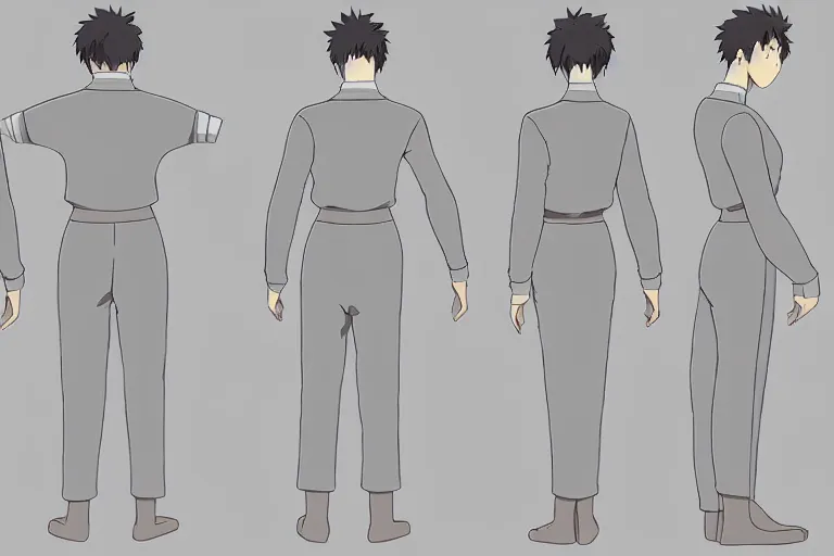 Image similar to a reference sheet containing three pictures of a hero by ghibli studio, front back view and side view, proportions, ready to model,