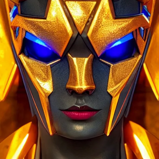 Image similar to symmetry!! a female transformer with golden paint, glowing eyes!! very symmetrical face, highly detailed, by vitaly bulgarov, by steven zavala, by matt tkocz, by shane baxley, transformers cinematic universe, pinterest, deviantart artstation _ h 7 5 0