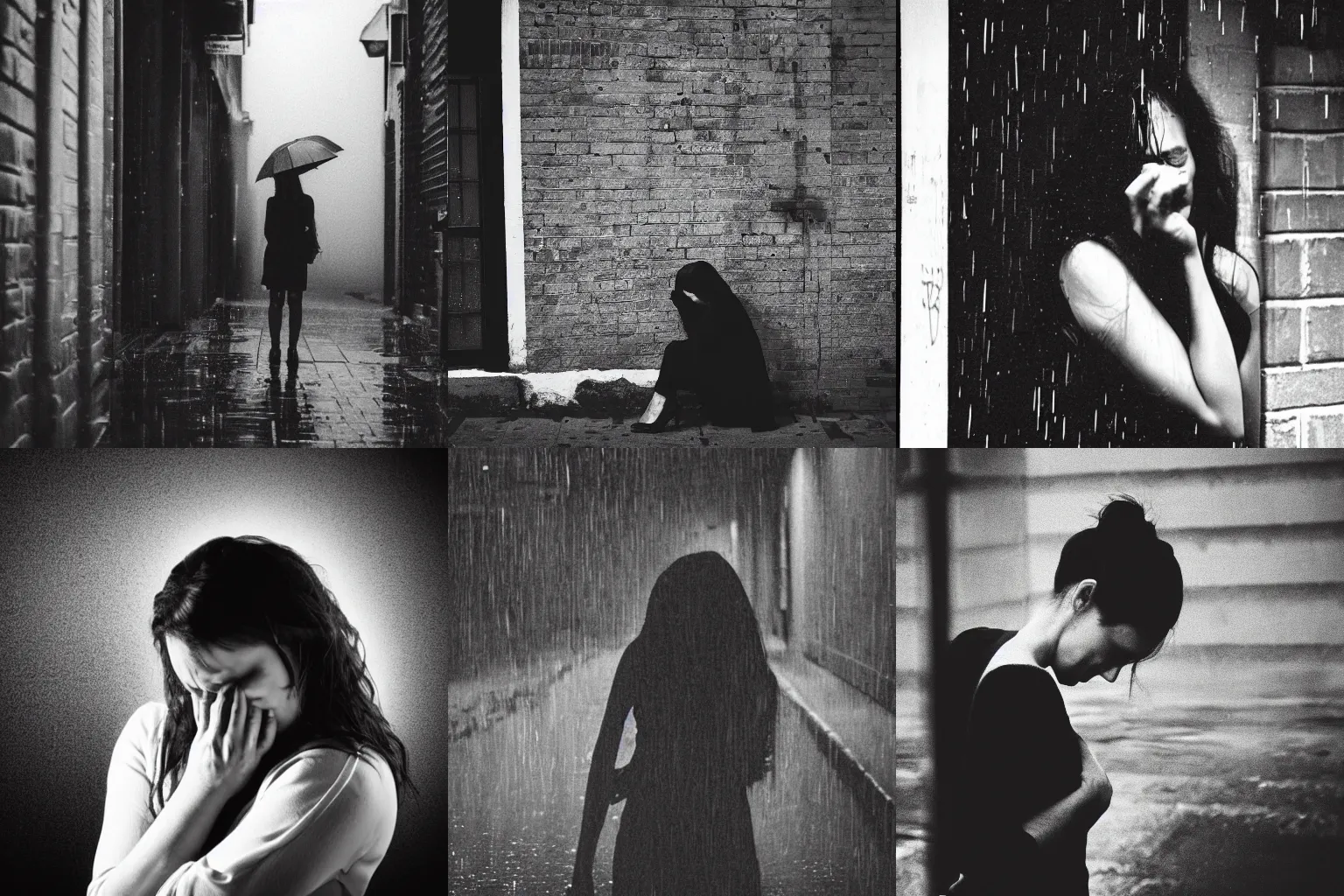 Prompt: a woman crying in a rainy alley at night, black and white photograph, album cover
