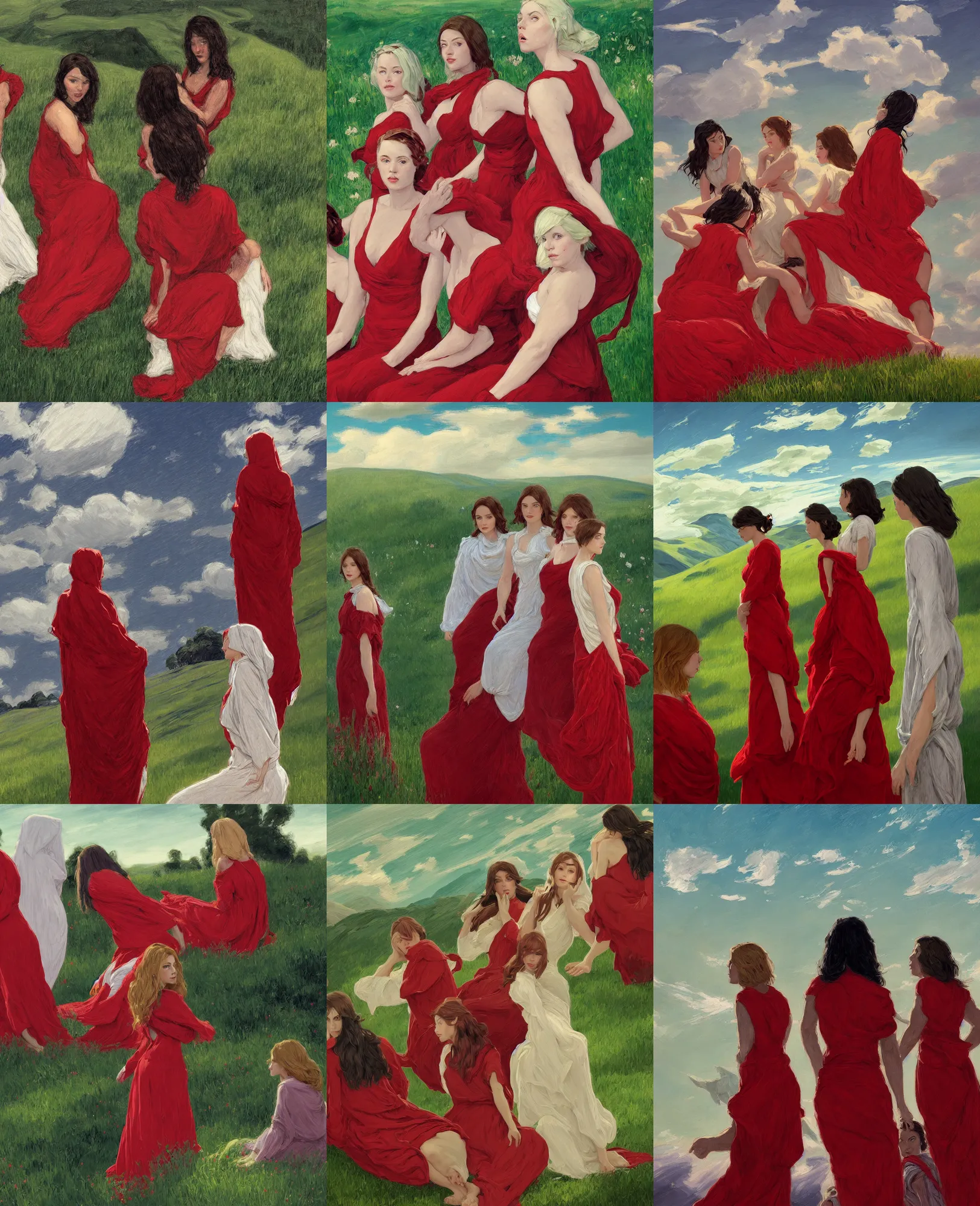 Prompt: three sitting girl in red and white maxi dresses between clouds above green fields in moon light, close up portrait, elegant, league of legends and warframe, intricate, digital painting, artstation, concept art, dark night, smooth, sharp focus, illustration, art by ed mell and Daniel F. Gerhartz and Jacek Malczewski and gustav klimt, Tibor Nagy