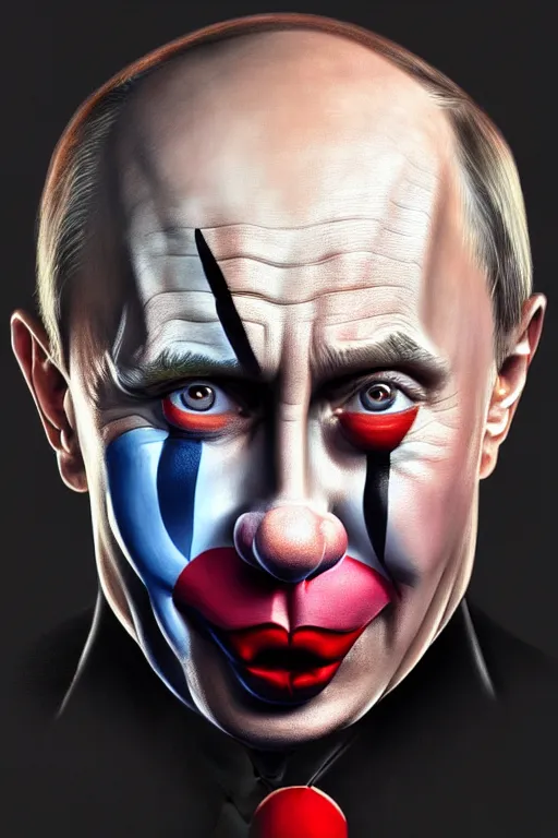 Prompt: vladimir putin as a clown, realistic portrait, symmetrical, highly detailed, digital painting, artstation, concept art, smooth, sharp focus, illustration, cinematic lighting, art by artgerm and greg rutkowski and alphonse mucha