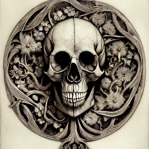 Image similar to memento mori by arthur rackham, art forms of nature by ernst haeckel, photorealistic ultra - detailed octane render, art nouveau, gothic, ornately carved beautiful skull mask dominant, intricately carved ornamental antique bone, art nouveau botanicals, art forms of nature by ernst haeckel, horizontal symmetry, symbolist, visionary