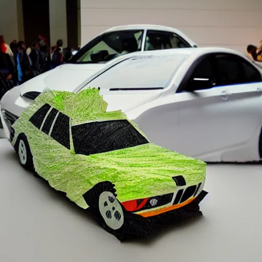 Image similar to bmw hatchback made of tissue paper, tissue paper art