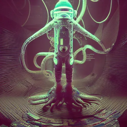 Image similar to portrait of a squid monster astronaut, in a 1970s livingroom , full body portrait, well lit, intricate abstract. cyberpunk, intricate artwork, by Tooth Wu, wlop, beeple. octane render, trending on artstation, greg rutkowski very coherent symmetrical artwork. cinematic, hyper realism, high detail, octane render, 8k, minimalistic, hyperrealistic surrealism, award winning masterpiece with incredible details, a surreal vaporwave liminal space, highly detailed, trending on ArtStation