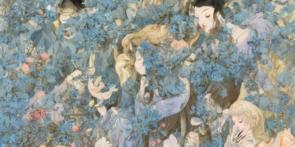 Image similar to breathtaking detailed concept art painting art deco pattern of blonde faces goddesses amalmation light - blue flowers with anxious piercing eyes and blend of flowers and birds, by hsiao - ron cheng and john james audubon, bizarre compositions, exquisite detail, extremely moody lighting, 8 k