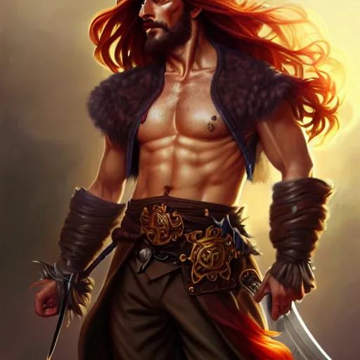 Image similar to full body shot of male pirate, D&D, handsome, amber eyes, muscular, fantasy, intricate, long hair, red hair, elegant, highly detailed, digital painting, artstation, concept art, smooth, sharp focus, illustration, art by artgerm and greg rutkowski and alphonse mucha