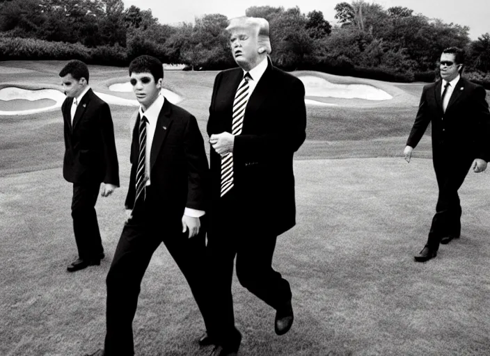 Prompt: criminal Donald Trump taken away by two young FBI agents at golf course, photo by Alex Webb