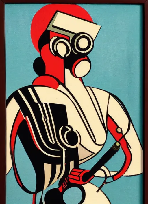 Prompt: art-deco painting of a curvy robot lady smoking a cigarette with a cigarette-holder