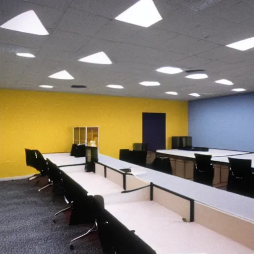 Prompt: a vhs captured photo of a bleak office space with yellow walls, faintly fluorescent lights and no one around. the entire scene is unsettling