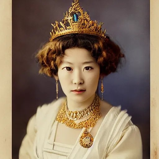 Image similar to a wide full shot, russian and japanese mix 1 9 0 0 s historical fantasy of a photograph taken of a royal gold leaf tiara with intertwined white feathers, photographic portrait, warm lighting, from an official photographer from the royal museum. displayed in a museum.