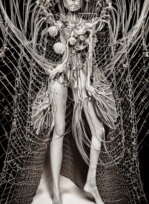 Prompt: walking down the catwalk, ben watts, show, stage, vogue photo, podium, fashion show photo, historical baroque dress dark, iris van herpen, beautiful woman, masterpiece, intricate, biopunk, vogue, full body shot, alien, plant predator, guyver, wires, veins, jellyfish, white biomechanical details, highly detailed