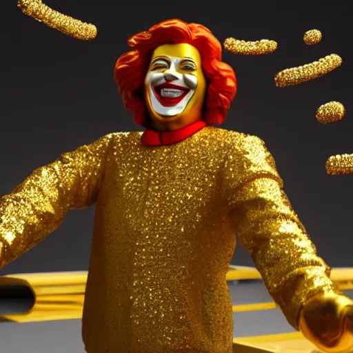 Image similar to a still of ronald mcdonald surrounded by gold and diamonds, award - winning, photograph, 3 d render, unreal engine, 4 k detailed