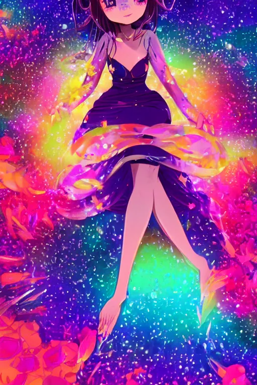 Image similar to psychedelic, whimsical, anime, 4k, beautiful intimate woman with professional makeup, long trippy hair, a crystal and flower dress, sitting in on a reflective pond underneath the stars, rainbow fireflies, trending on patreon, deviantart, twitter, artstation, volumetric lighting, heavy contrast, art style of Ross Tran and Ilya Kuvshinov