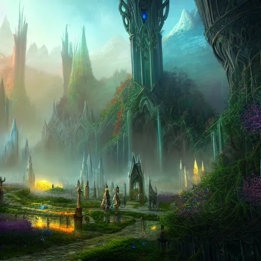 Prompt: in a ethereal magical elven city, 4k, HDR, award-winning, landscape, unreal engine, artstation
