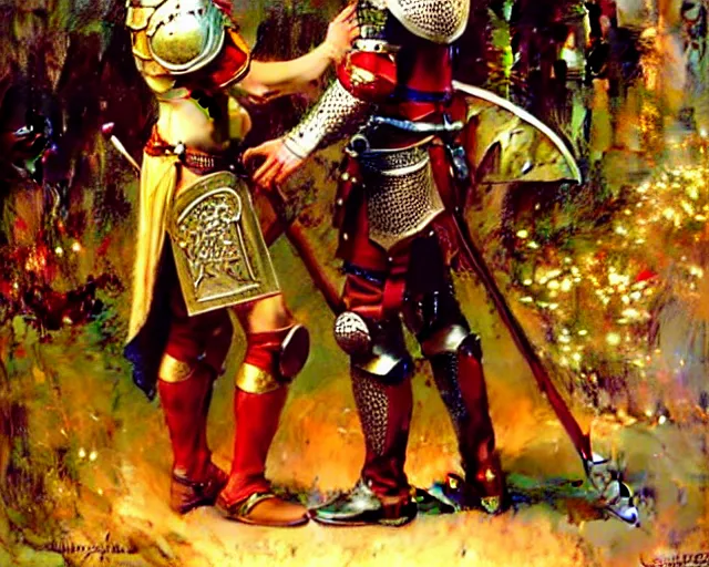 Image similar to arthur pendragon flirting wit his knight. the knight is also flirting back, highly detailed painting by gaston bussiere, craig mullins, j. c. leyendecker