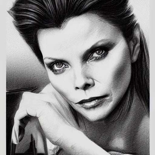 Image similar to amazing lifelike award winning pencil illustration of Michelle pfeiffer as Tony Montana sitting at his desk trending on art station artgerm Greg rutkowski cinematic