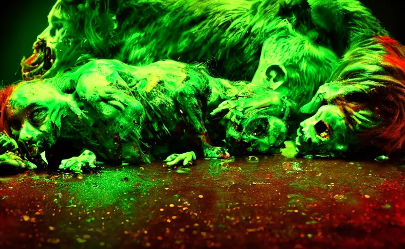 Image similar to zombie animals, beautiful green liquid, green oozing pool pit, cinematic lighting, various refining methods, micro macro autofocus, ultra definition, award winning photo