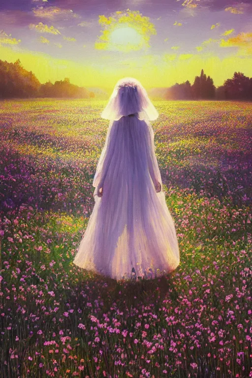 Image similar to giant white daisy flower veil, girl walking in a flower field, surreal photography, sunrise, dramatic light, impressionist painting, colorful clouds, digital painting, artstation, simon stalenhag