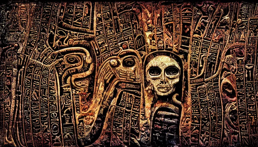 Prompt: h. r. giger hieroglyphs, sorrow intense likely, acid bleeding deep colors, sense of decay given, throw into the abyssal despair, various refining techniques, micro macro auto focus, top photography photo art gallery, realistic photo, insane detail