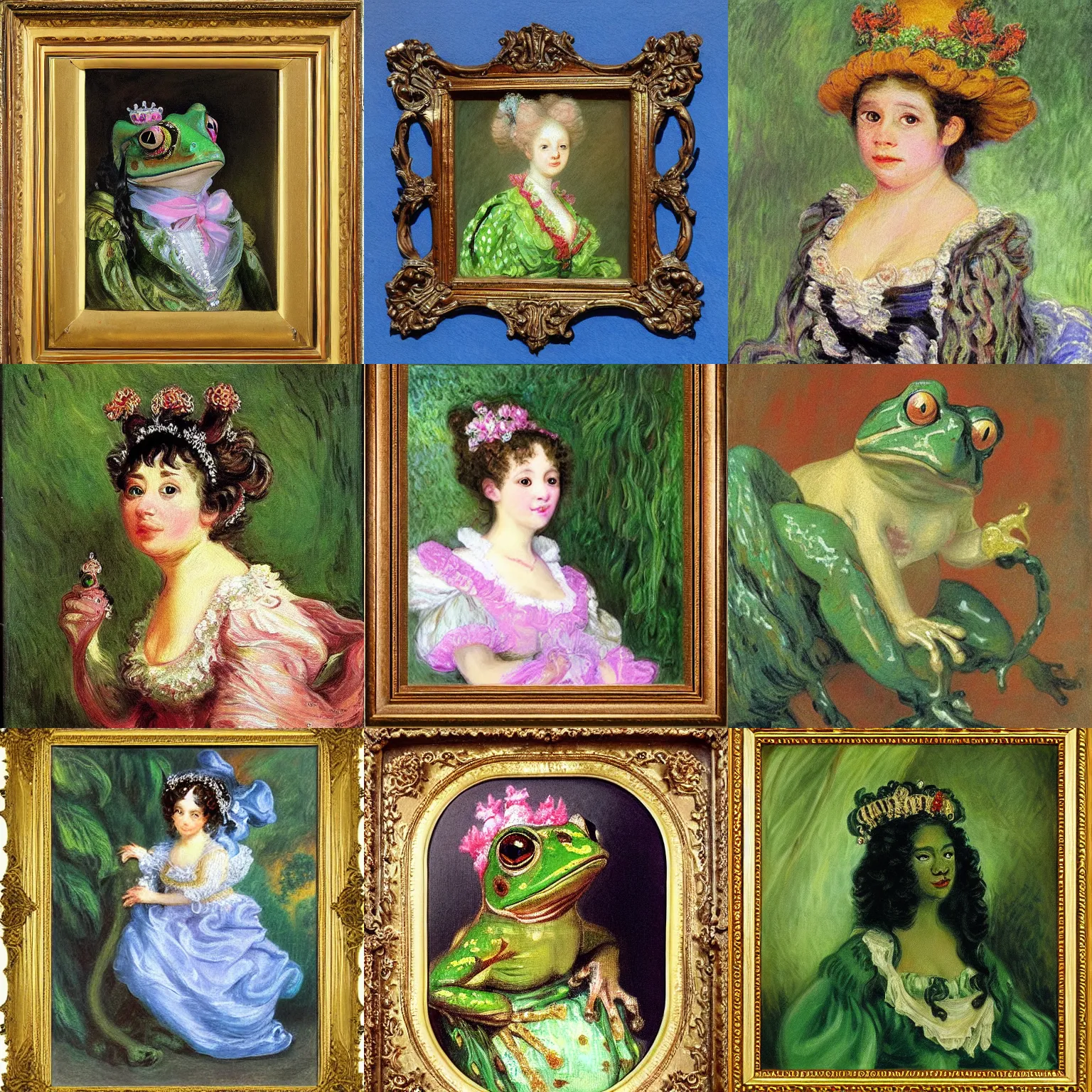 Prompt: portrait rococo painting of frog Princess by monet