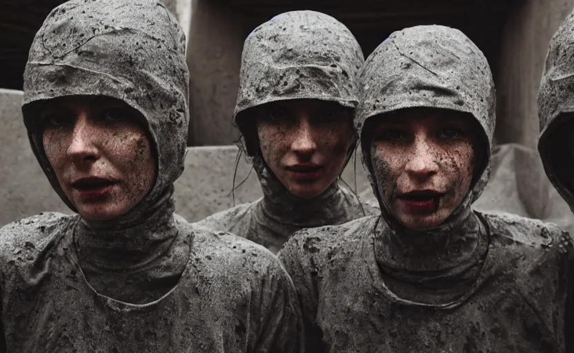 Image similar to cinestill 5 0 d photographic portrait by helen levitt of a group of diverse android women wearing rugged black mesh techwear in a cement maze, extreme closeup, modern cyberpunk, dust storm, 8 k, hd, high resolution, 3 5 mm, f / 3 2, ultra realistic faces, intricate detail, ex machina