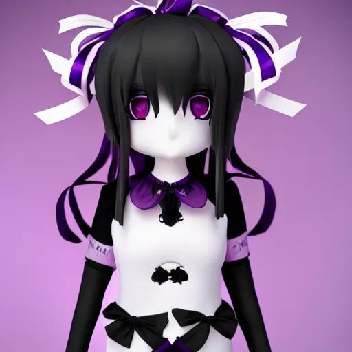 Prompt: cute fumo plush of a gothic maiden in a dark black uniform with purple highlights, laces and ribbons, soft shadow, anime girl, vray, symmetry, white frame