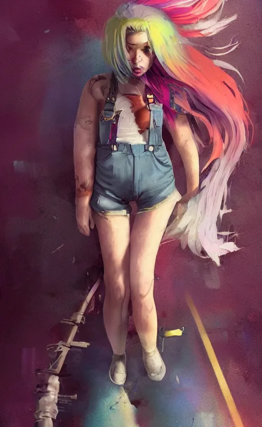 Prompt: a cute grungy alternative artist woman with rainbow hair, drunk, angry, soft eyes and narrow chin, dainty figure, long hair straight down, torn overalls, short shorts, combat boots, basic white background, side boob, symmetrical, single person, style of by Jordan Grimmer and greg rutkowski, crisp lines and color,