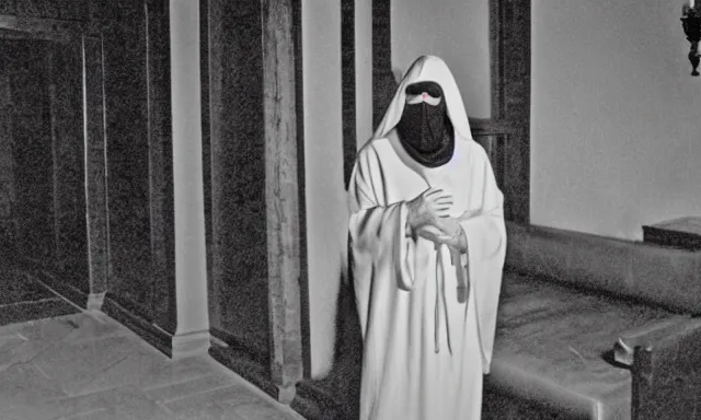 Image similar to cultist in robe with mask and gloves, satanic church interior, ceremonial, realistic photo, cctv footage, horror lighting, dim lighting