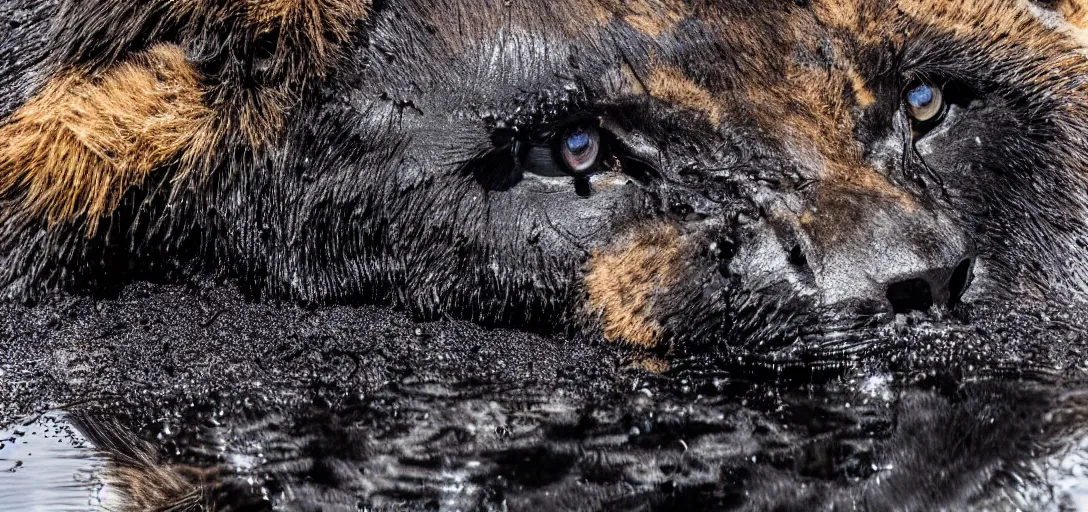 Prompt: a black lioness, made of ferrofluid, bathing inside the lake of ferrofluid, full of goo, covered with ferrofluid. dslr, photography, realism, animal photography, color, savanna, wildlife photography