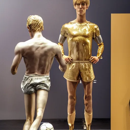 Image similar to a realistic detailed photo of a guy who is an attractive humanoid who is half robot and half humanoid, who is a male android, soccer players martin ødegaard, shiny skin, posing like a statue, blank stare, in a museum, on display, showing off his muscles, gold soccer shorts, ground view, ceramic statue