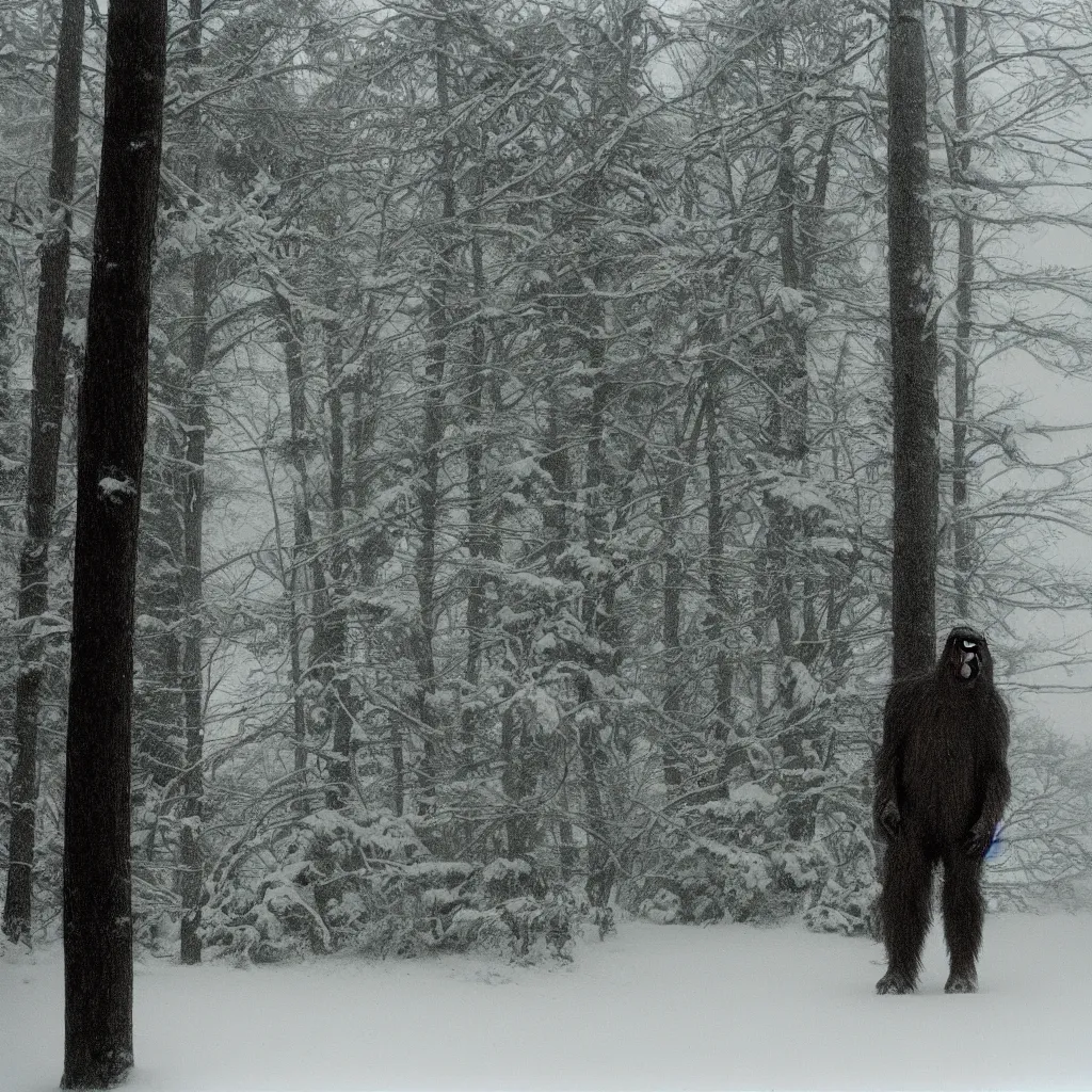 Image similar to photo, bigfoot is hiding in the background. cold color temperature, snow storm. hazy atmosphere. humidity haze. kodak ektachrome, greenish expired film, award winning, low contrast